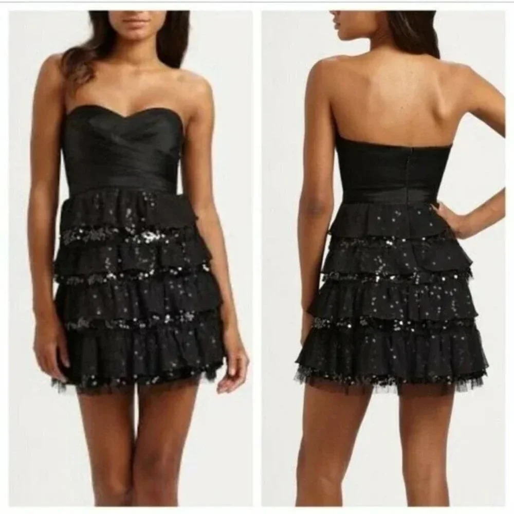 BCBG MAXAZRIA AVA Tier Black Sequin Dress Size 2